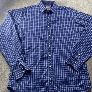Thomas Dean Navy Blue Windowpane Button-Down Shirt